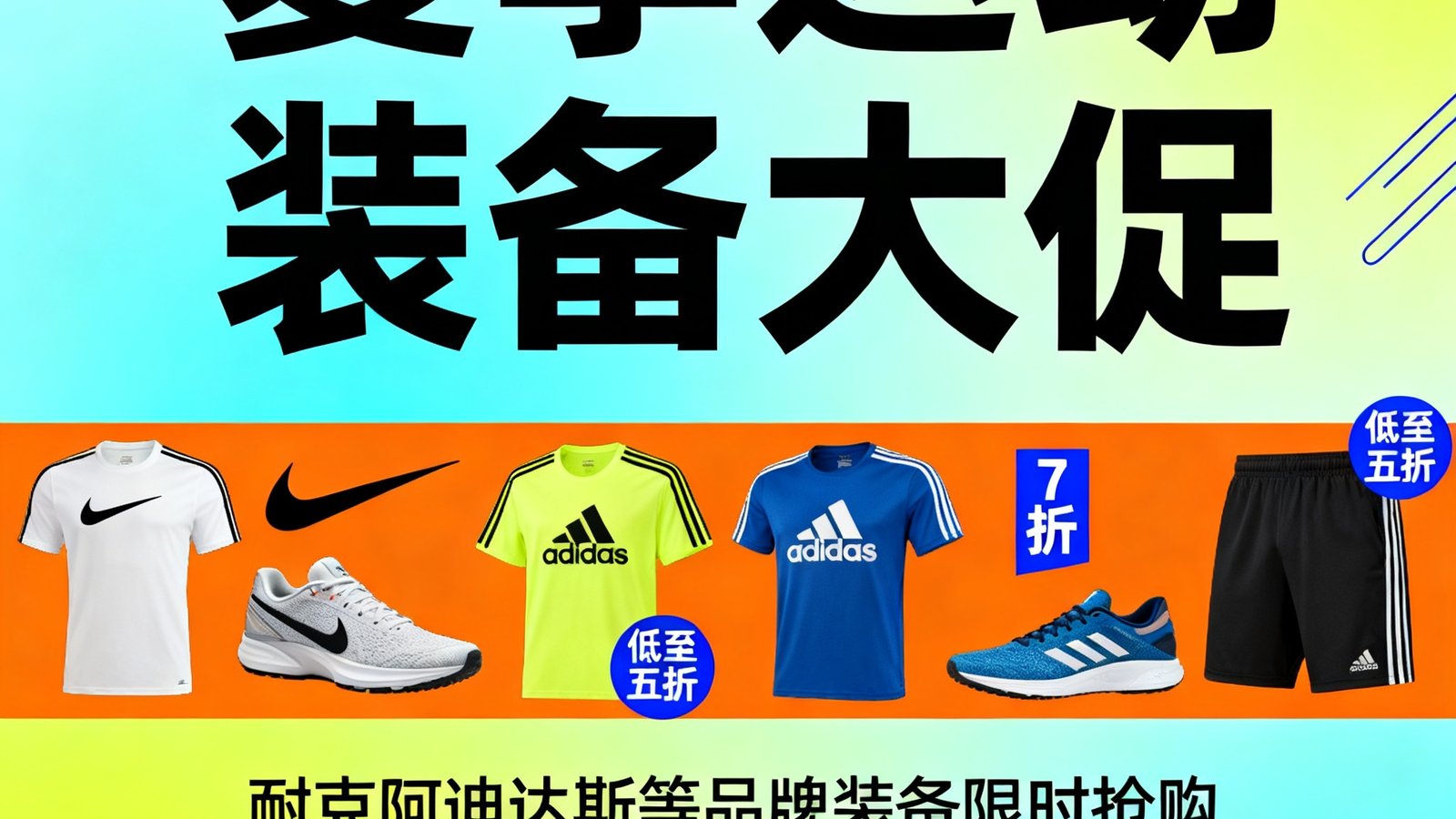 夏季运动装备大促活动海报，耐克阿迪达斯等品牌装备低至五折，限时抢购中
