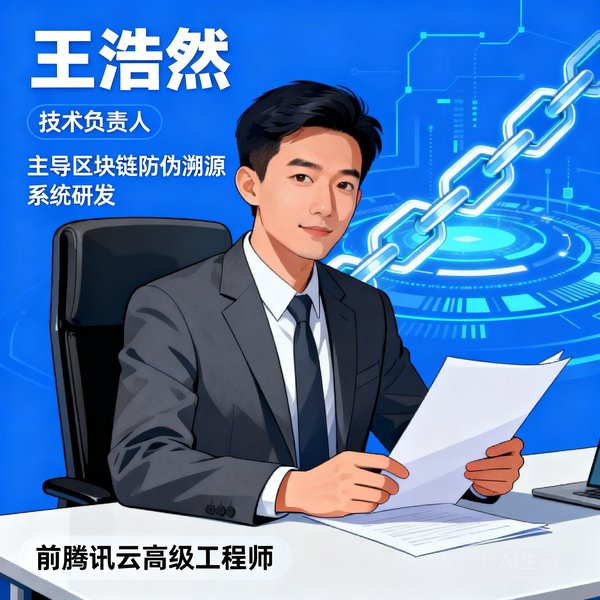 王浩然，技术负责人，主导区块链防伪溯源系统研发，前腾讯云高级工程师